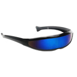 Futuristic Narrow Cyclops Color Mirrored Lens Visor Sunglasses Black Frame Blue Mirrored