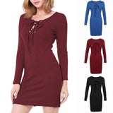 Maxbell Women Cross Open Front Lace Up Long Sleeve Bandage Bodycon Dress L Red