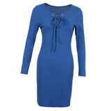 Women Cross Open Front Lace Up Long Sleeve Bandage Bodycon Dress M Blue