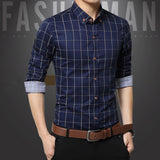 Mens Classical Plaid Print Shirt Cotton Causal Long Sleeve Shirt M Dark Blue