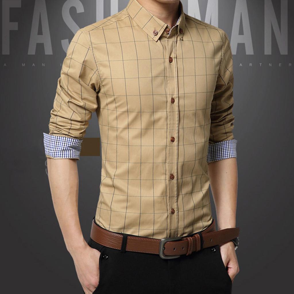 Maxbell  Mens Classical Plaid Print Shirt Cotton Causal Long Sleeve Shirt M Khaki
