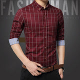 Mens Classical Plaid Print Shirt Cotton Causal Long Sleeve Shirt L Burgundy