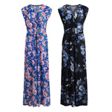 Maxbell Women Floral V Neck Ladies Maxi Dress Lace up Holiday Beach Swing Dress 4XL