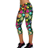 Women Printed Capri Legging 3/4 Length Skinny Yoga Pants M Yellow Floral