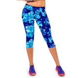 Women Printed Capri Legging 3/4 Length Skinny Yoga Pants M Blue