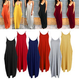 Maxbell Women Sleeveless V Neck Loose Beach Tank Maxi Dress with Pockets Blue S