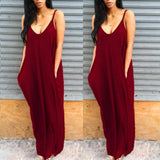 Maxbell Women Sleeveless V Neck Loose Beach Tank Maxi Dress with Pockets Wine Red S