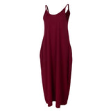 Maxbell Women Sleeveless V Neck Loose Beach Tank Maxi Dress with Pockets Wine Red S