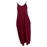 Women Sleeveless V Neck Loose Beach Tank Maxi Dress with Pockets Wine Red M