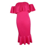 Maxbell Sexy Off the Shoulder Ruffle Bodycon Dress Mermaid Midi Dress L Rose