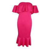 Maxbell Sexy Off the Shoulder Ruffle Bodycon Dress Mermaid Midi Dress L Rose