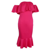Maxbell Sexy Off the Shoulder Ruffle Bodycon Dress Mermaid Midi Dress L Rose