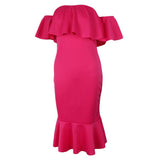 Maxbell Sexy Off the Shoulder Ruffle Bodycon Dress Mermaid Midi Dress L Rose
