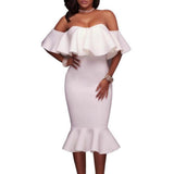 Maxbell Sexy Off the Shoulder Ruffle Bodycon Dress Mermaid Midi Dress S White