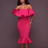 Maxbell Sexy Off the Shoulder Ruffle Bodycon Dress Mermaid Midi Dress S Purple