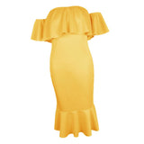 Maxbell Sexy Off the Shoulder Ruffle Bodycon Dress Mermaid Midi Dress L Yellow