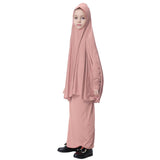 Girl Muslim Islamic Long Sleeve Two-Piece Prayer Dress Abaya Dark Pink M