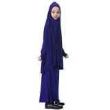 Girl Muslim Islamic Long Sleeve Two-Piece Prayer Dress Abaya Blue M