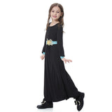 Maxbell Muslim Islamic Kids Girls Robe Long Sleeve Abaya O Neck Maxi Dress 2XL Black
