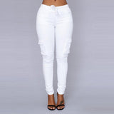 Maxbell Women Trousers Casual Pants Elastic Mid Waist Pocket Pencil Pants S White