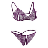 Maxbell Sexy Women Sheer Lace Bra Panties Thong Lingerie Set Nightwear Purple