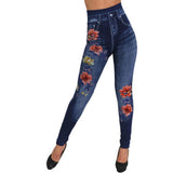 Women Seamless Cotton Imitation Denim Stretch Fittness Skinny Pants Blue L