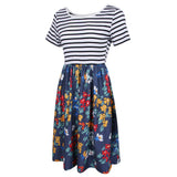 Maxbell Women's Striped Floral Print Short Sleeve Knee Length Dress with Pockets M 1#