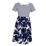 Women's Striped Floral Print Short Sleeve Knee Length Dress with Pockets L 2#