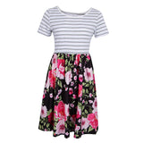 Maxbell Women's Striped Floral Print Short Sleeve Knee Length Dress with Pockets M 3#