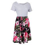 Maxbell Women's Striped Floral Print Short Sleeve Knee Length Dress with Pockets M 3#