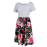 Maxbell Women's Striped Floral Print Short Sleeve Knee Length Dress with Pockets M 3#