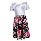 Maxbell Women's Striped Floral Print Short Sleeve Knee Length Dress with Pockets M 3#