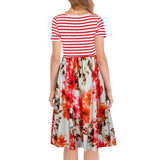 Maxbell Women's Striped Floral Print Short Sleeve Knee Length Dress with Pockets M 4#