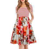 Maxbell Women's Striped Floral Print Short Sleeve Knee Length Dress with Pockets M 4#