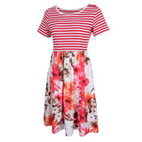 Maxbell Women's Striped Floral Print Short Sleeve Knee Length Dress with Pockets M 4#