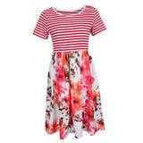 Maxbell Women's Striped Floral Print Short Sleeve Knee Length Dress with Pockets M 4#
