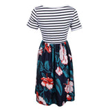 Maxbell Women's Striped Floral Print Short Sleeve Knee Length Dress with Pockets M 5#