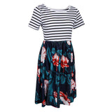Maxbell Women's Striped Floral Print Short Sleeve Knee Length Dress with Pockets M 5#