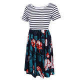 Maxbell Women's Striped Floral Print Short Sleeve Knee Length Dress with Pockets M 5#