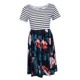 Maxbell Women's Striped Floral Print Short Sleeve Knee Length Dress with Pockets M 5#