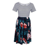 Maxbell Women's Striped Floral Print Short Sleeve Knee Length Dress with Pockets M 5#