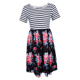 Maxbell Women's Striped Floral Print Short Sleeve Knee Length Dress with Pockets M 7#