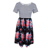 Maxbell Women's Striped Floral Print Short Sleeve Knee Length Dress with Pockets M 7#