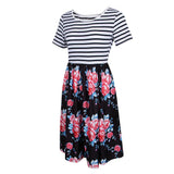 Maxbell Women's Striped Floral Print Short Sleeve Knee Length Dress with Pockets M 7#