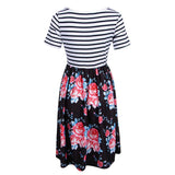 Maxbell Women's Striped Floral Print Short Sleeve Knee Length Dress with Pockets M 7#