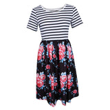 Women's Striped Floral Print Short Sleeve Knee Length Dress with Pockets L 7#