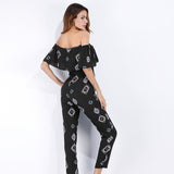 Maxbell Off the Shoulder Ruffled Chiffon Jumpsuit High Waisted Wide Leg Pants Romper L Black