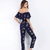 Maxbell Off the Shoulder Ruffled Chiffon Jumpsuit High Waisted Wide Leg Pants Romper S Blue