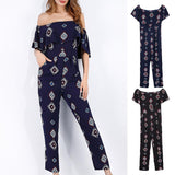 Maxbell Off the Shoulder Ruffled Chiffon Jumpsuit High Waisted Wide Leg Pants Romper M Blue