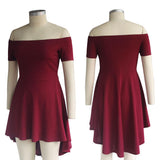 Maxbell Solid Off Shoulder Skater Dress High Low Dress Short Sleeves M Burgundy
